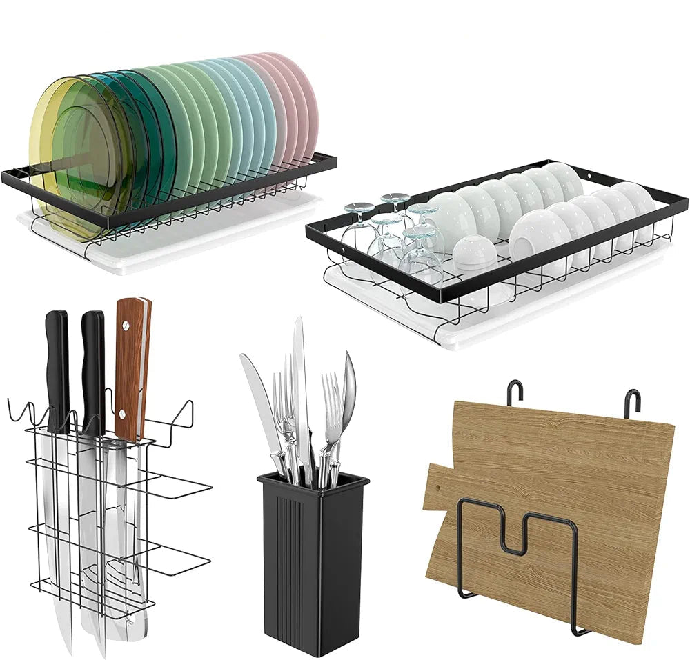 2 Tier Rust-Resistant Dish Drying Rack with Drip Tray, Utensil and Cutting Board Holder