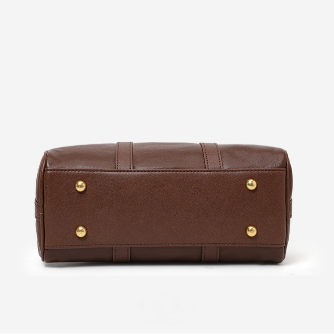 Genuine Cowhide Leather Boston Handbag with Crossbody Strap