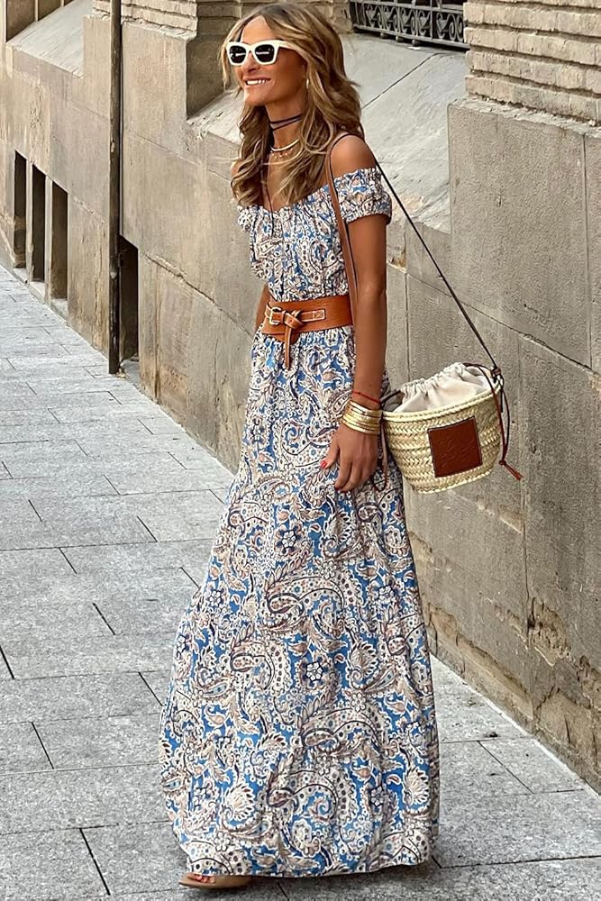 Boho Paisley Print Off-Shoulder Maxi Dress