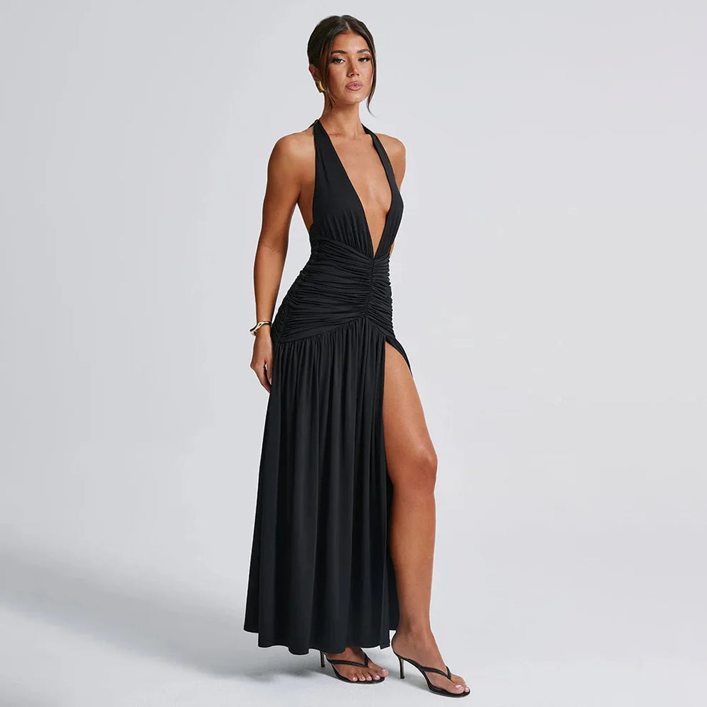 Thigh-High Slit Deep V Backless Maxi Dress