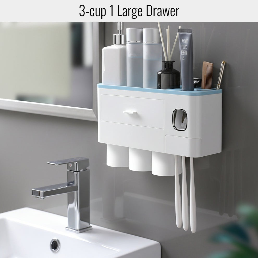 3-in-1 Wall-Mounted Toothbrush Holder with Automatic Toothpaste Dispenser and Drawer