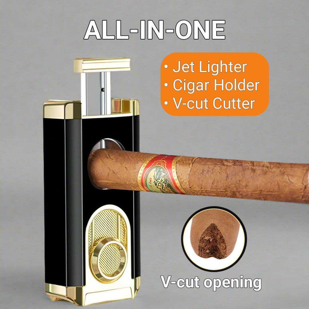 3-in-1 Cigar Lighter, Wind Resistant Jet Flame with Built-in V-cut Cigar cutter