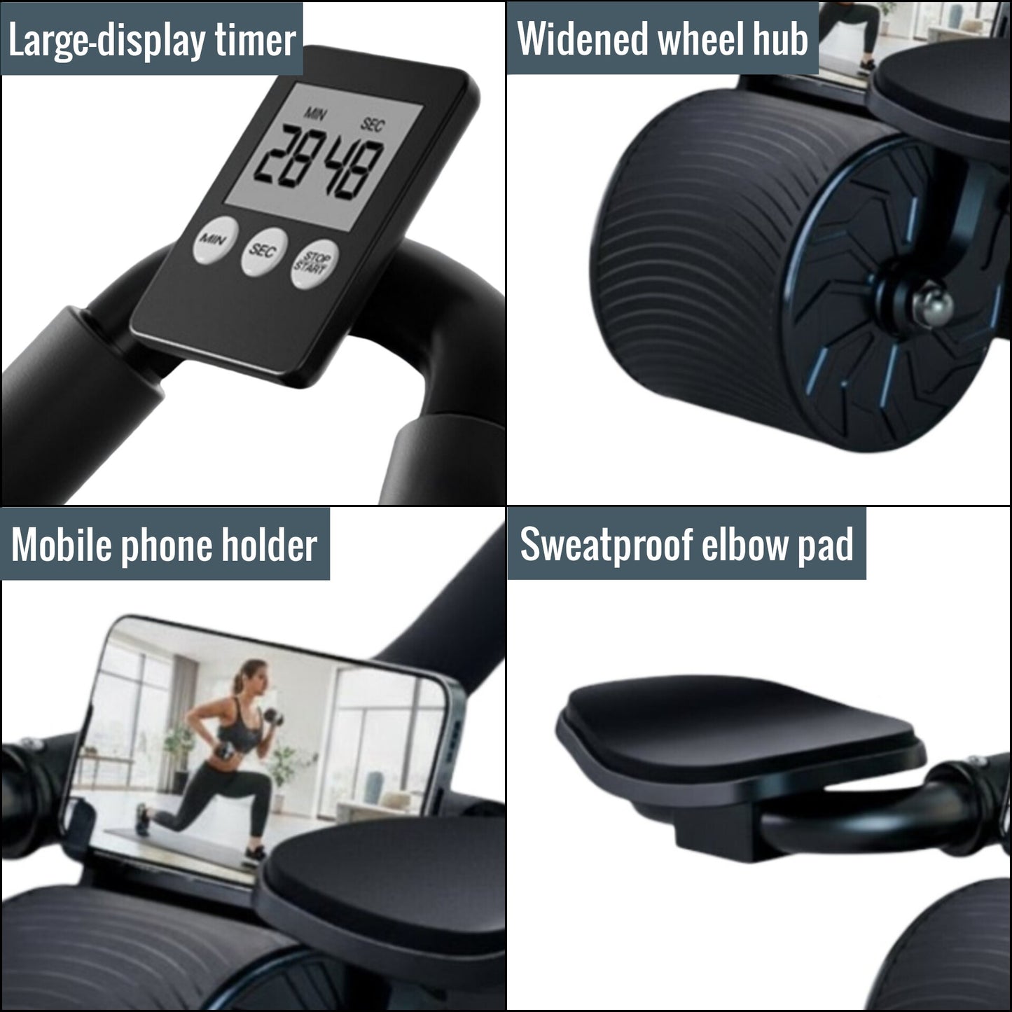 Automatic Rebound Ab Roller Wheel with Elbow Support and Built-in Timer