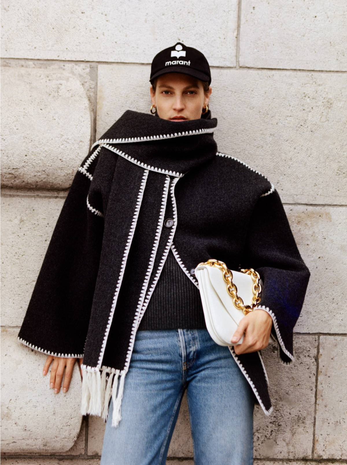 Wool-Blend Embroidered Scarf Coat