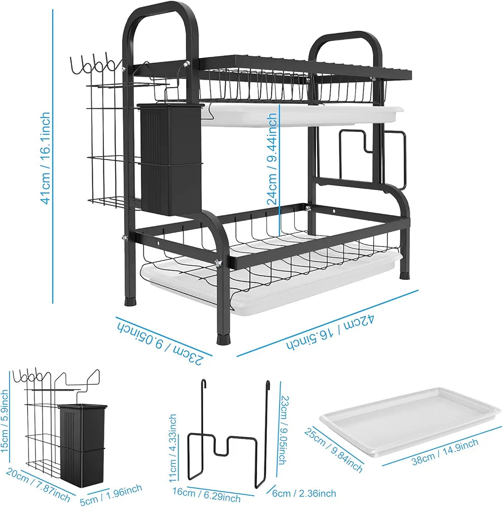 2 Tier Rust-Resistant Dish Drying Rack with Drip Tray, Utensil and Cutting Board Holder