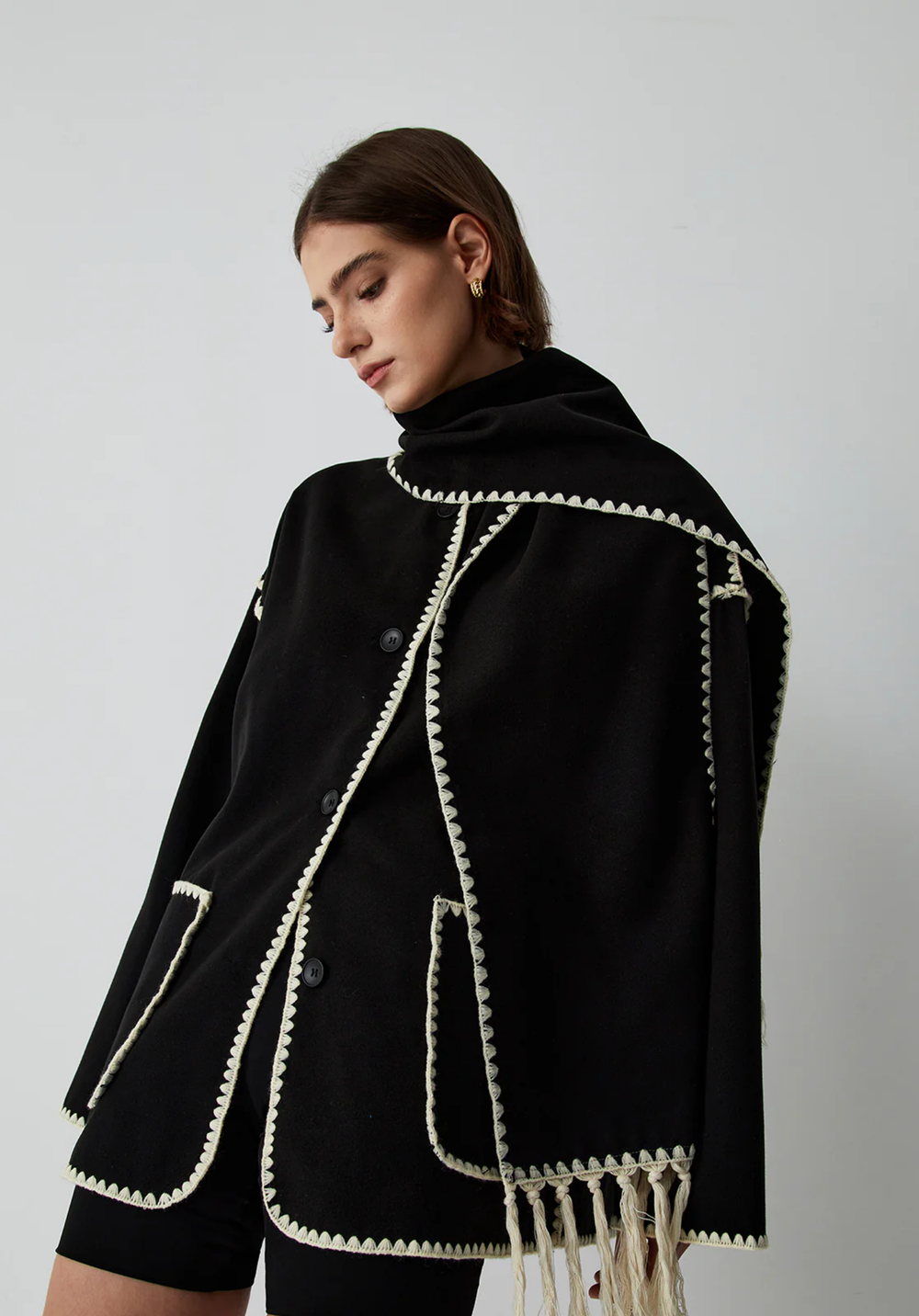 Wool-Blend Embroidered Scarf Coat