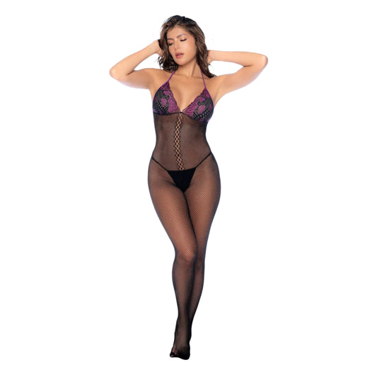 Whispered Lace Fishnet Bodystocking –  Black/Purple