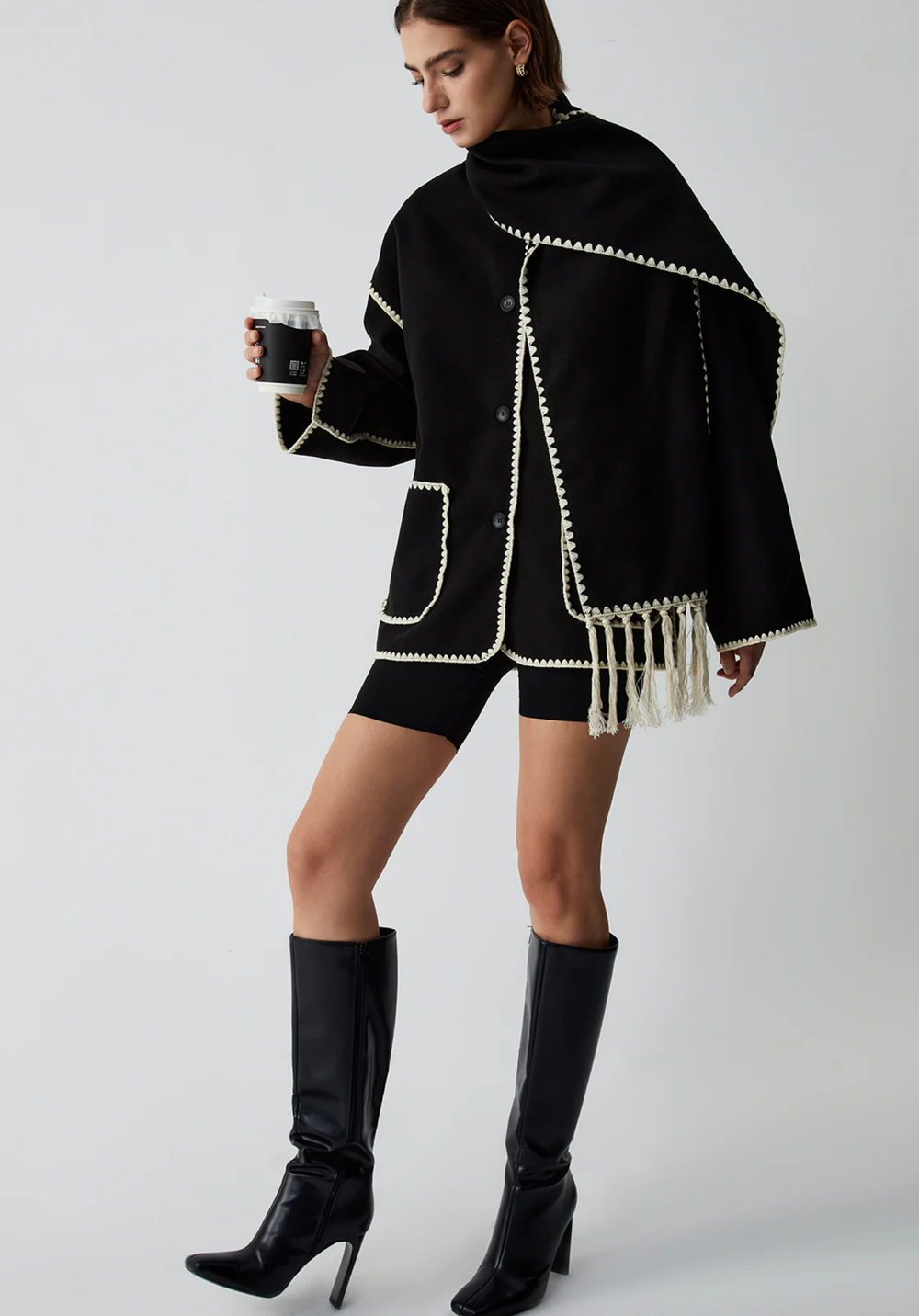 Wool-Blend Embroidered Scarf Coat