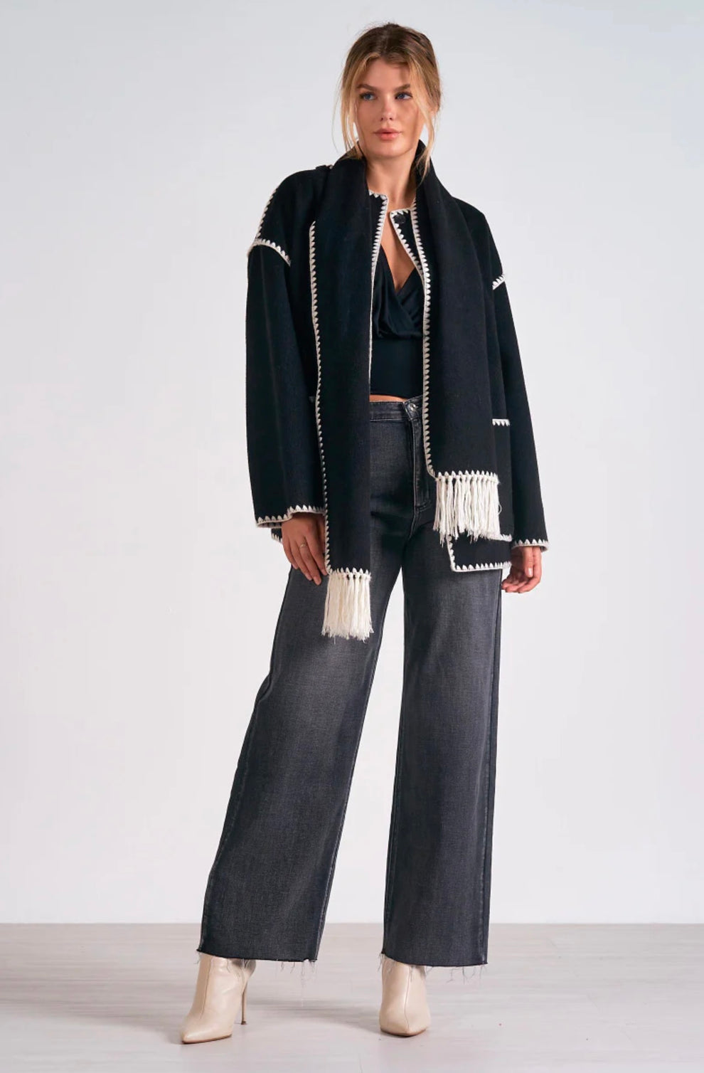 Wool-Blend Embroidered Scarf Coat