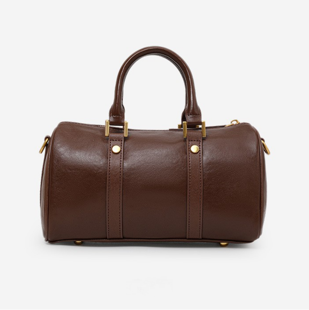 Genuine Cowhide Leather Boston Handbag with Crossbody Strap