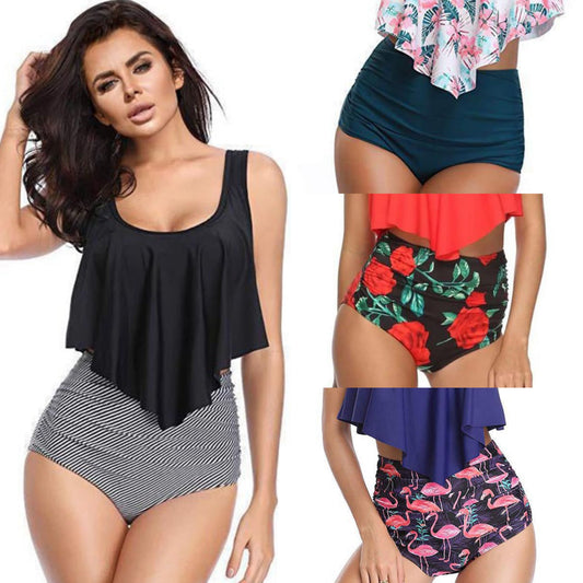 Two-Piece Ruffled Tankini & High-Waisted Bikini Swim Set