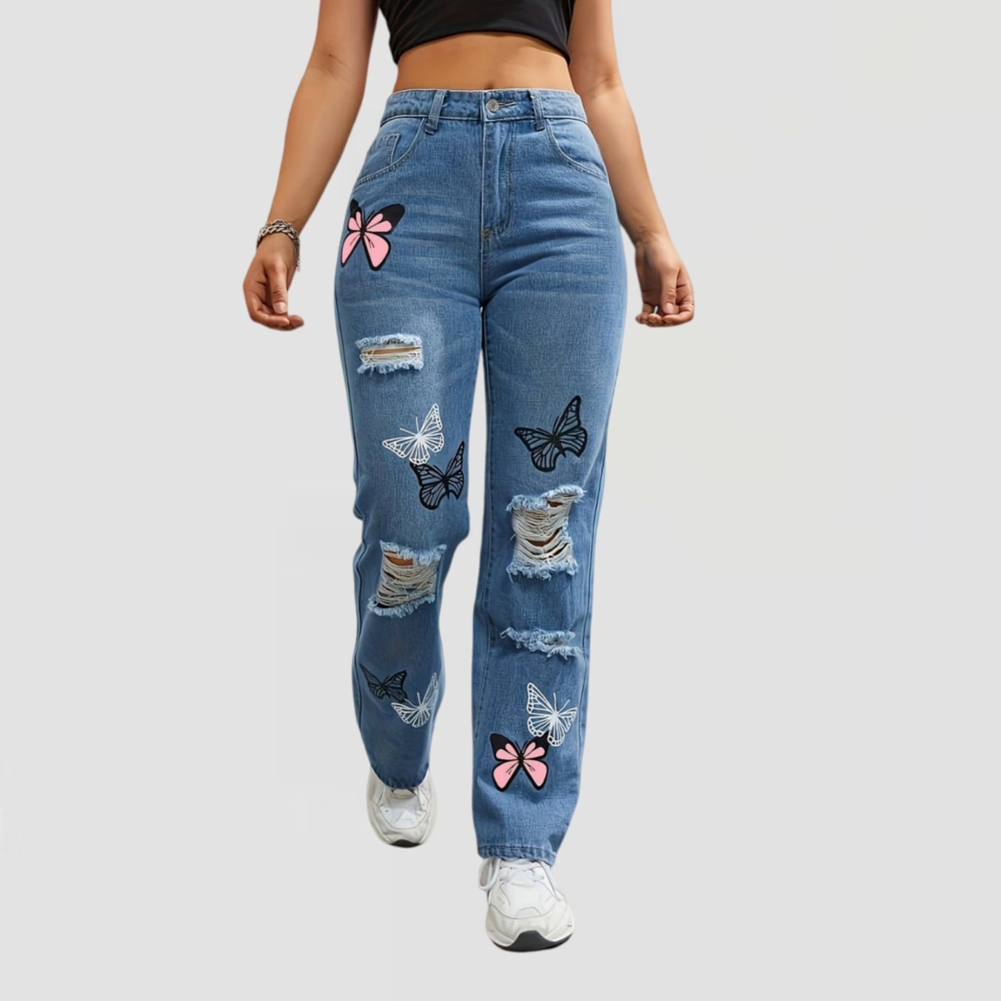 High-Waisted Butterfly Print Ripped Jeans