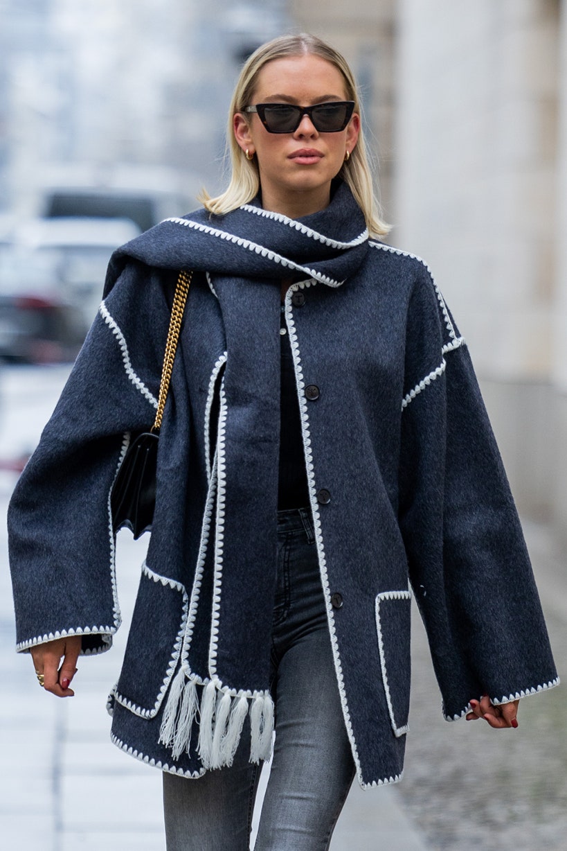 Wool-Blend Embroidered Scarf Coat