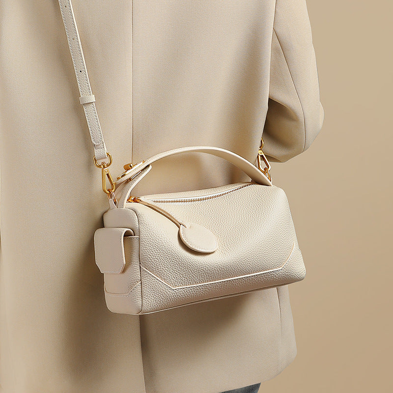 Genuine Cowhide Leather Boston Bag with Crossbody/Shoulder strap