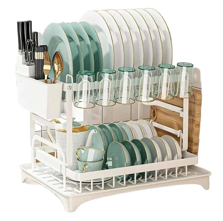 2-Tier Rust-Resistant Dish Drying Rack with Drip Tray, Utensil and Cutting Board Holder