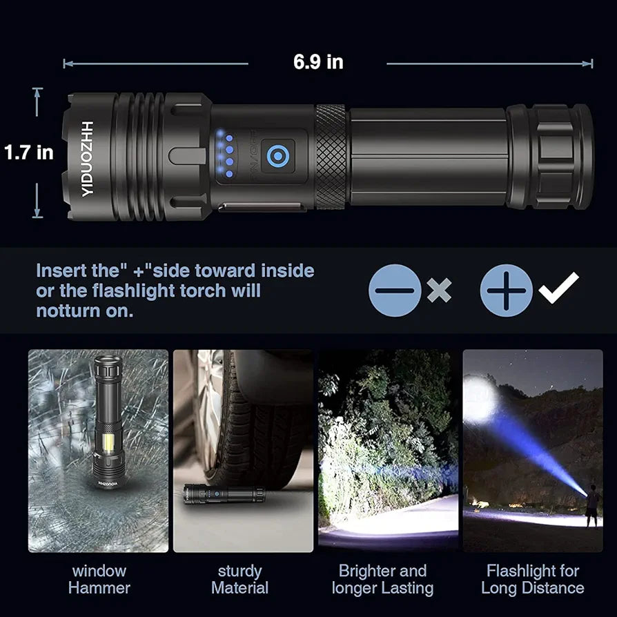 USB Rechargeable 100000 Lumens XHP160 Super Bright Bright Tactical LED Flashlight
