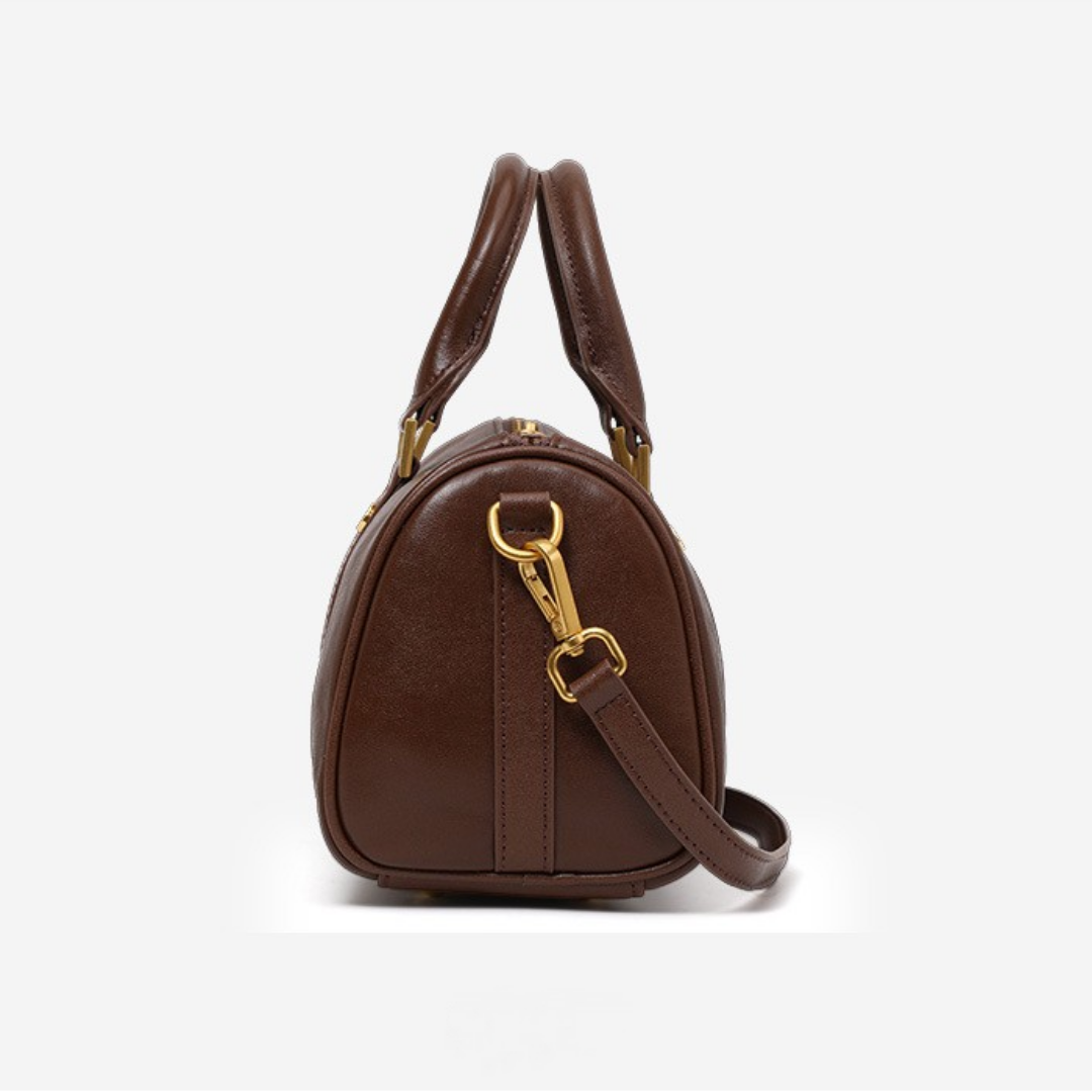 Genuine Cowhide Leather Boston Handbag with Crossbody Strap