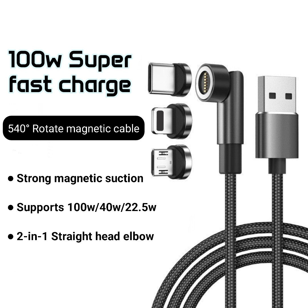100W Super Fast 540° Rotating Magnetic Charging Cable for Type-C, Micro-USB, and Lightning
