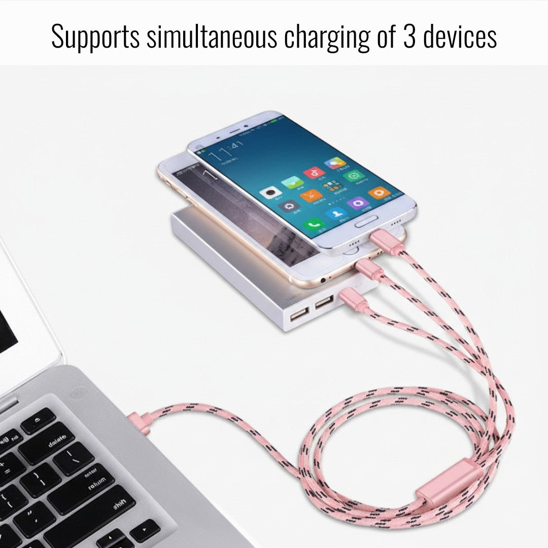 3-in-1 Braided Multi-Charging Cable for Type-C, Micro-USB, and Lightning
