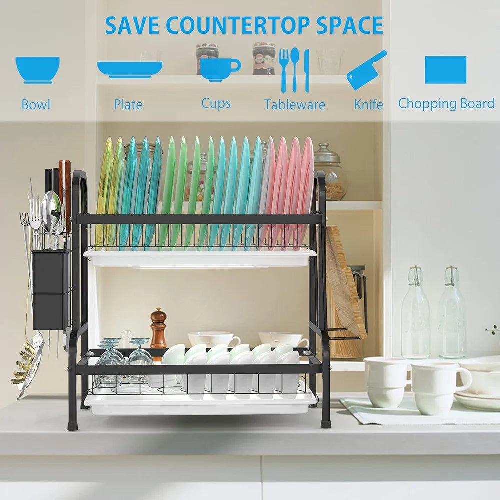 2 Tier Rust-Resistant Dish Drying Rack with Drip Tray, Utensil and Cutting Board Holder
