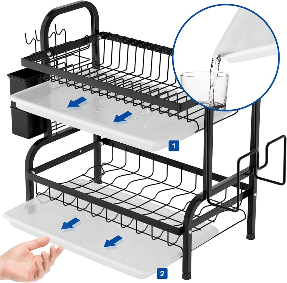 2 Tier Rust-Resistant Dish Drying Rack with Drip Tray, Utensil and Cutting Board Holder