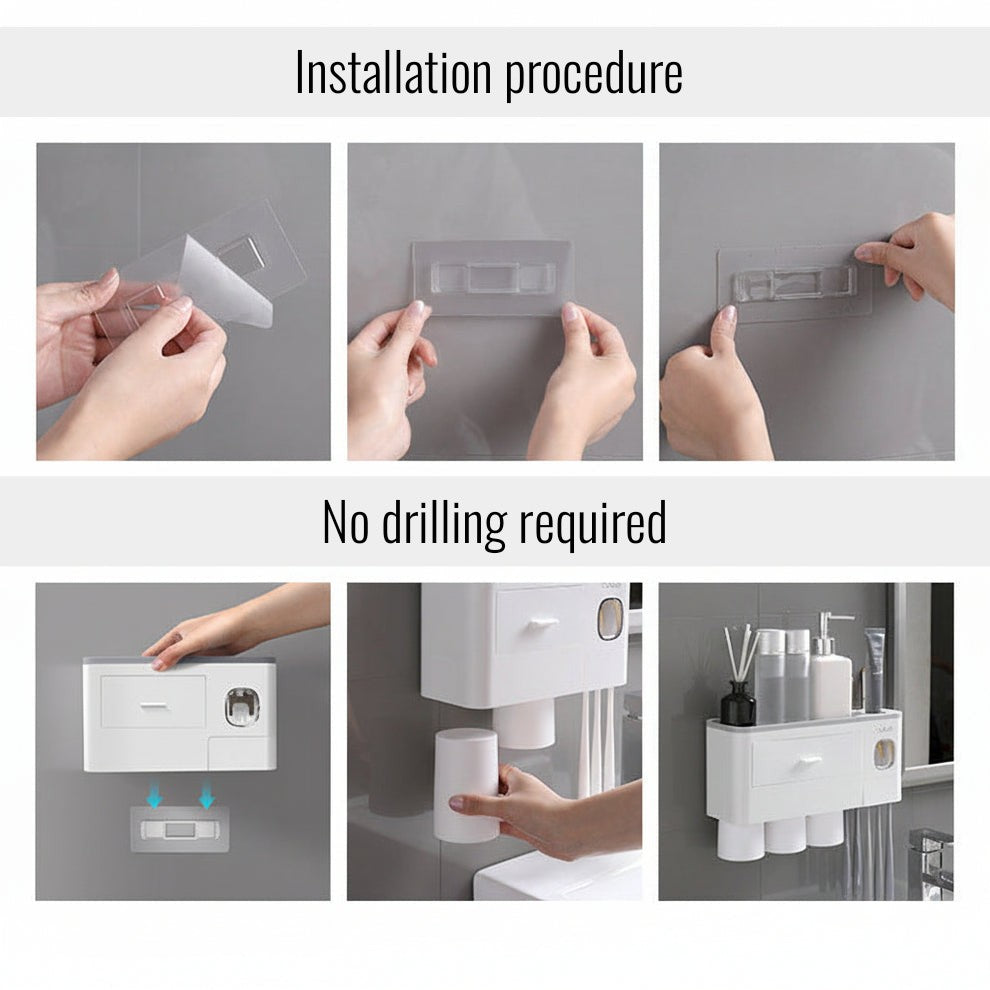 3-in-1 Wall-Mounted Toothbrush Holder with Automatic Toothpaste Dispenser and Drawer