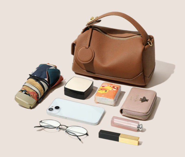 Genuine Cowhide Leather Boston Bag with Crossbody/Shoulder strap