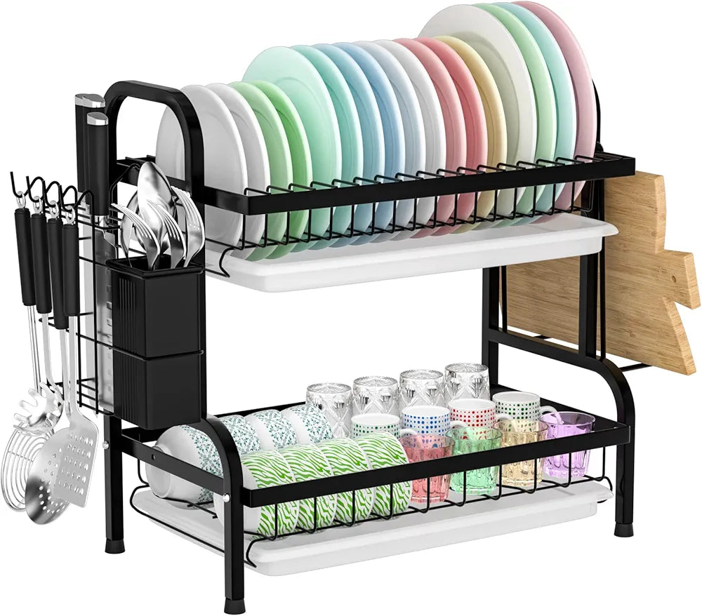 2 Tier Rust-Resistant Dish Drying Rack with Drip Tray, Utensil and Cutting Board Holder