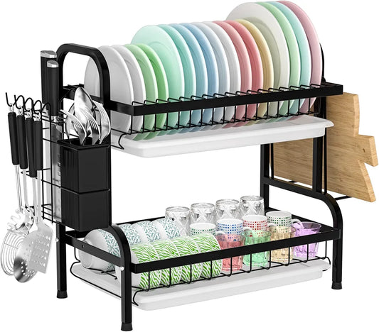 2 Tier Rust-Resistant Dish Drying Rack with Drip Tray, Utensil and Cutting Board Holder