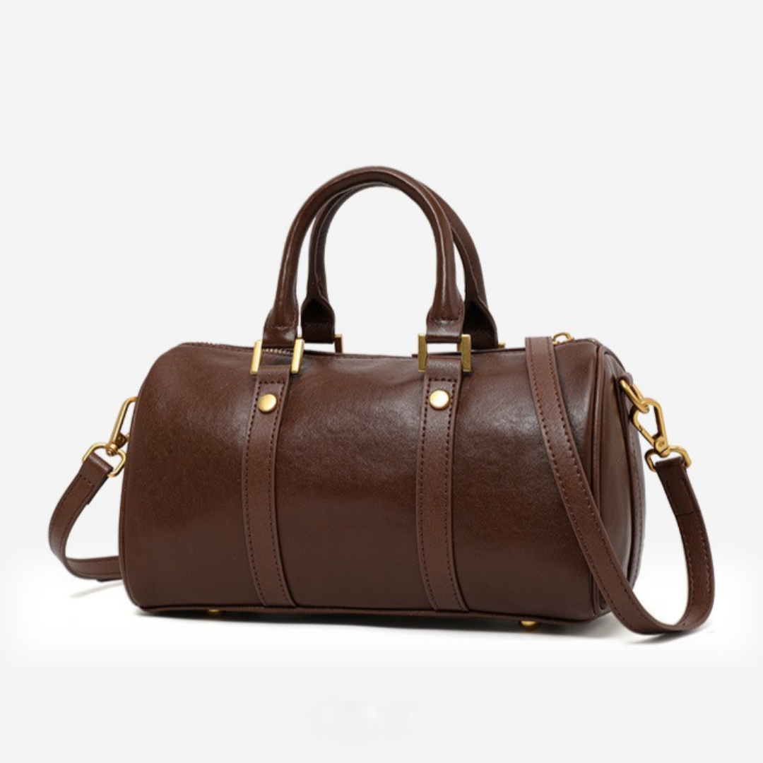 Genuine Cowhide Leather Boston Handbag with Crossbody Strap