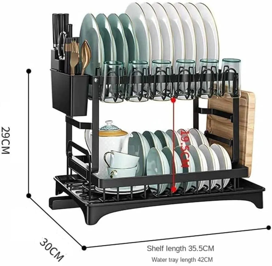 2-Tier Rust-Resistant Dish Drying Rack with Drip Tray, Utensil and Cutting Board Holder