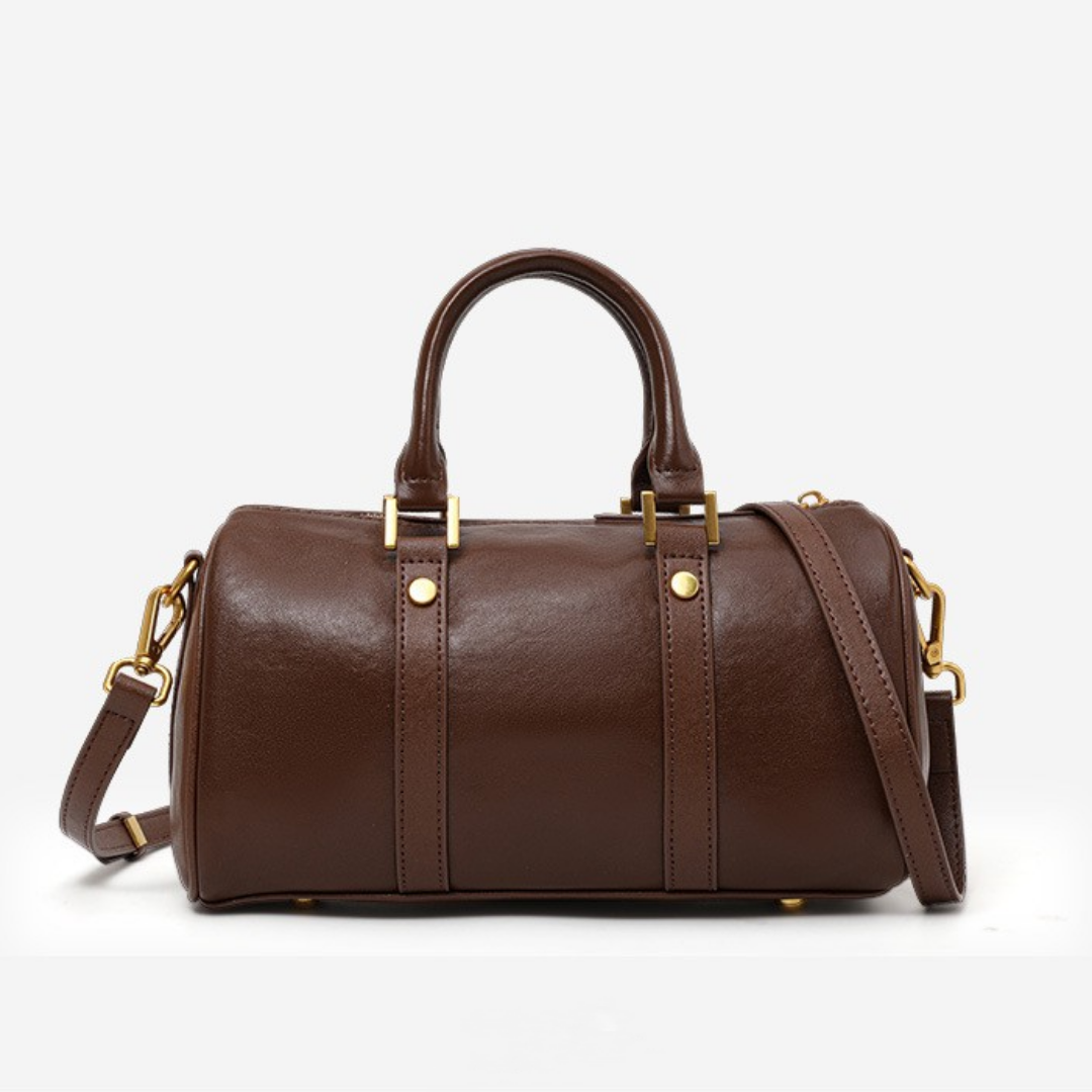 Genuine Cowhide Leather Boston Handbag with Crossbody Strap