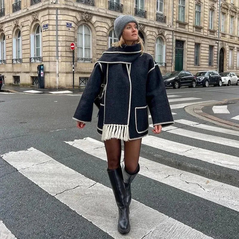 Wool-Blend Embroidered Scarf Coat