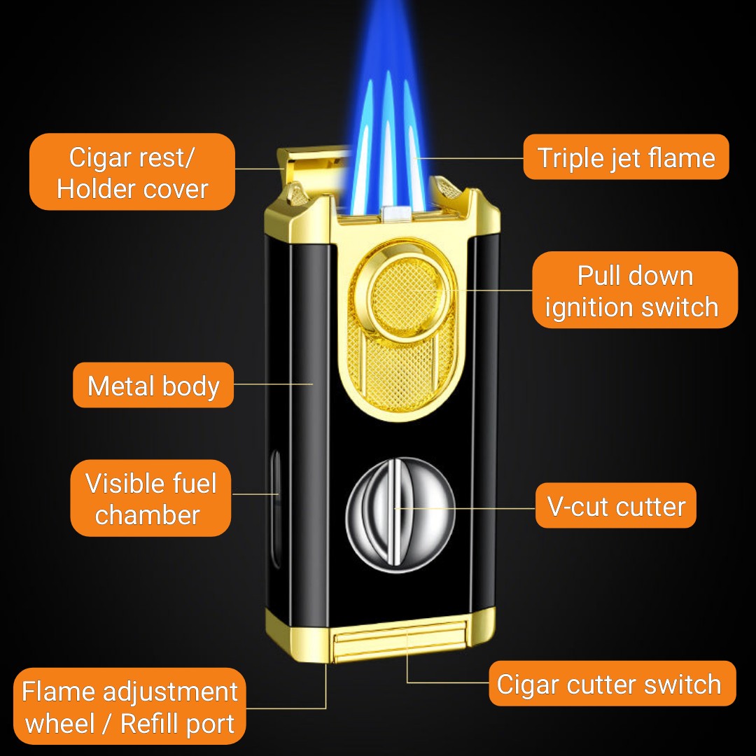 3-in-1 Cigar Lighter, Wind Resistant Jet Flame with Built-in V-cut Cigar cutter
