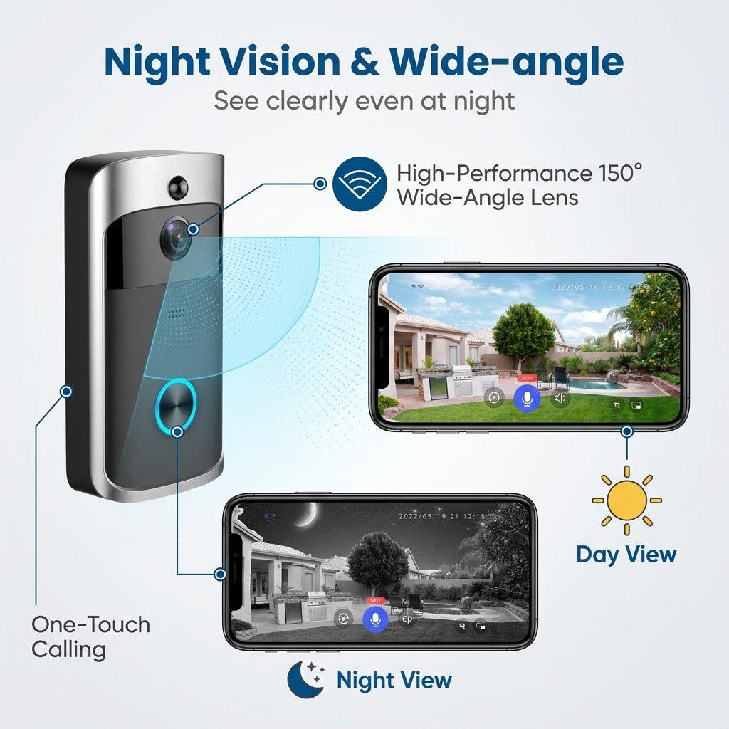 720p HD V5 Smart WiFi Video Doorbell with Night Vision, PIR Motion Detection and Two-Way Audio