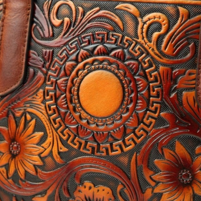Retro Floral Embossed Genuine Leather Handbag