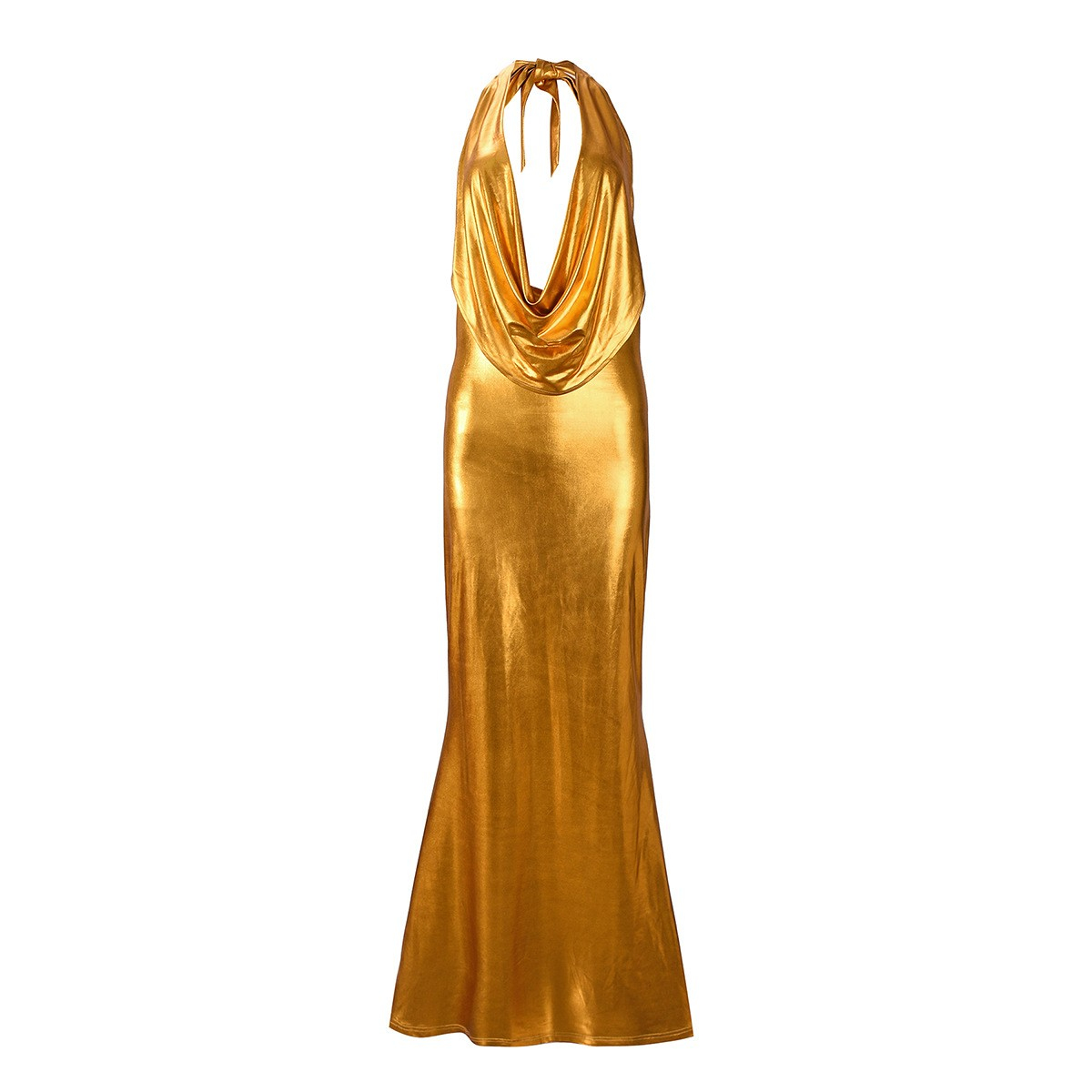 Cowl Neck Plunge Metallic Maxi Dress