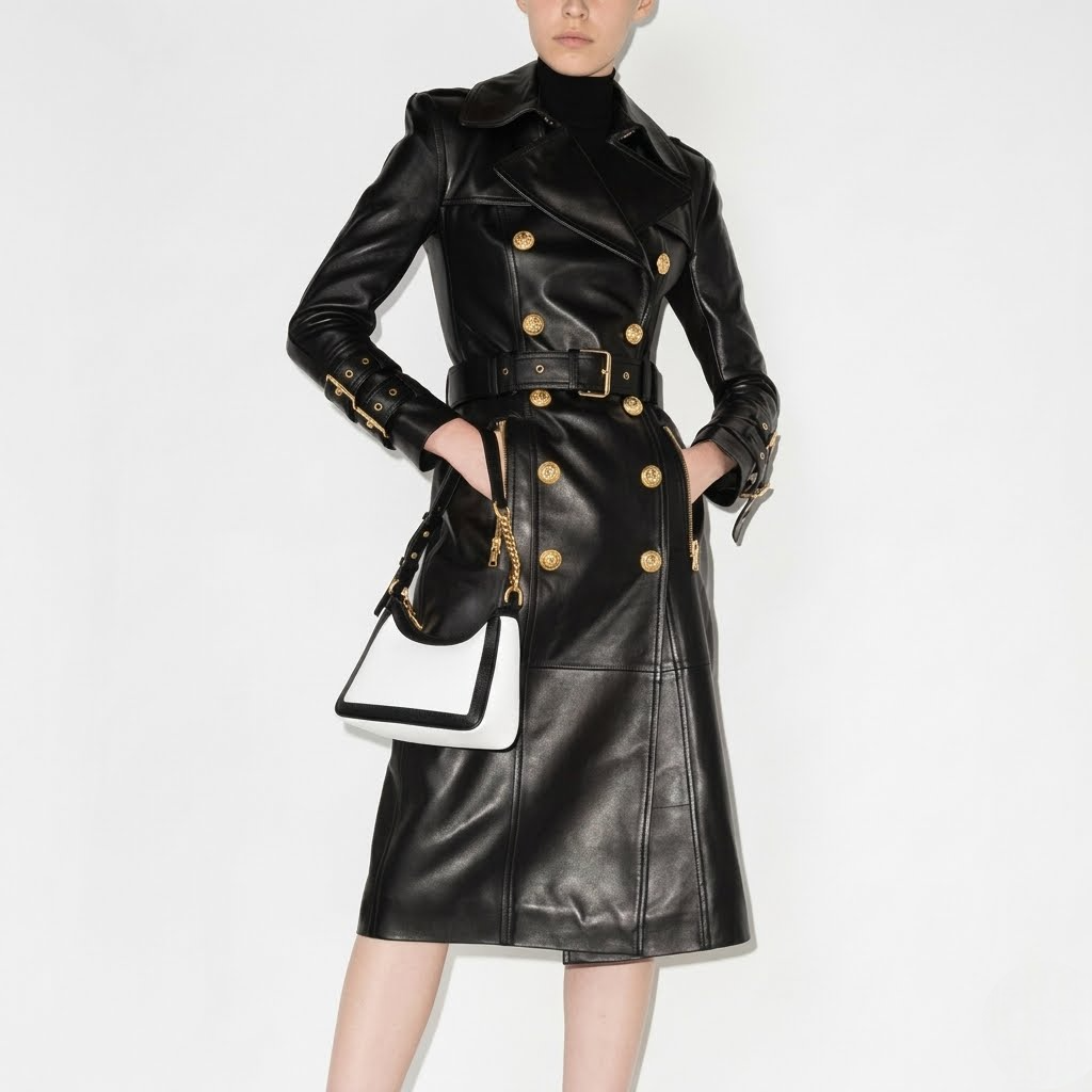 Belted Faux Leather Trench Coat
