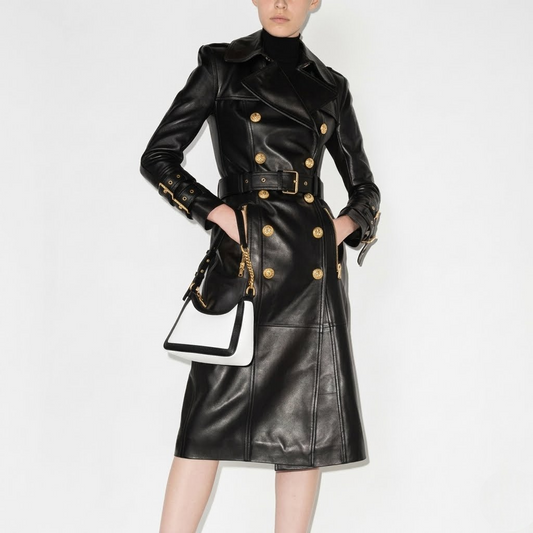 Belted Faux Leather Trench Coat