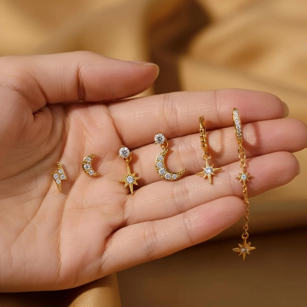 6-Piece 18k Gold Star-Moon Celestial Earring Set