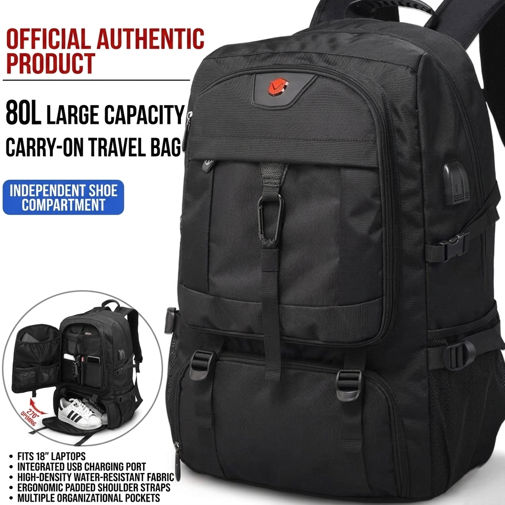Multifunctional Laptop Travel Backpack with USB Charging Port – 80L