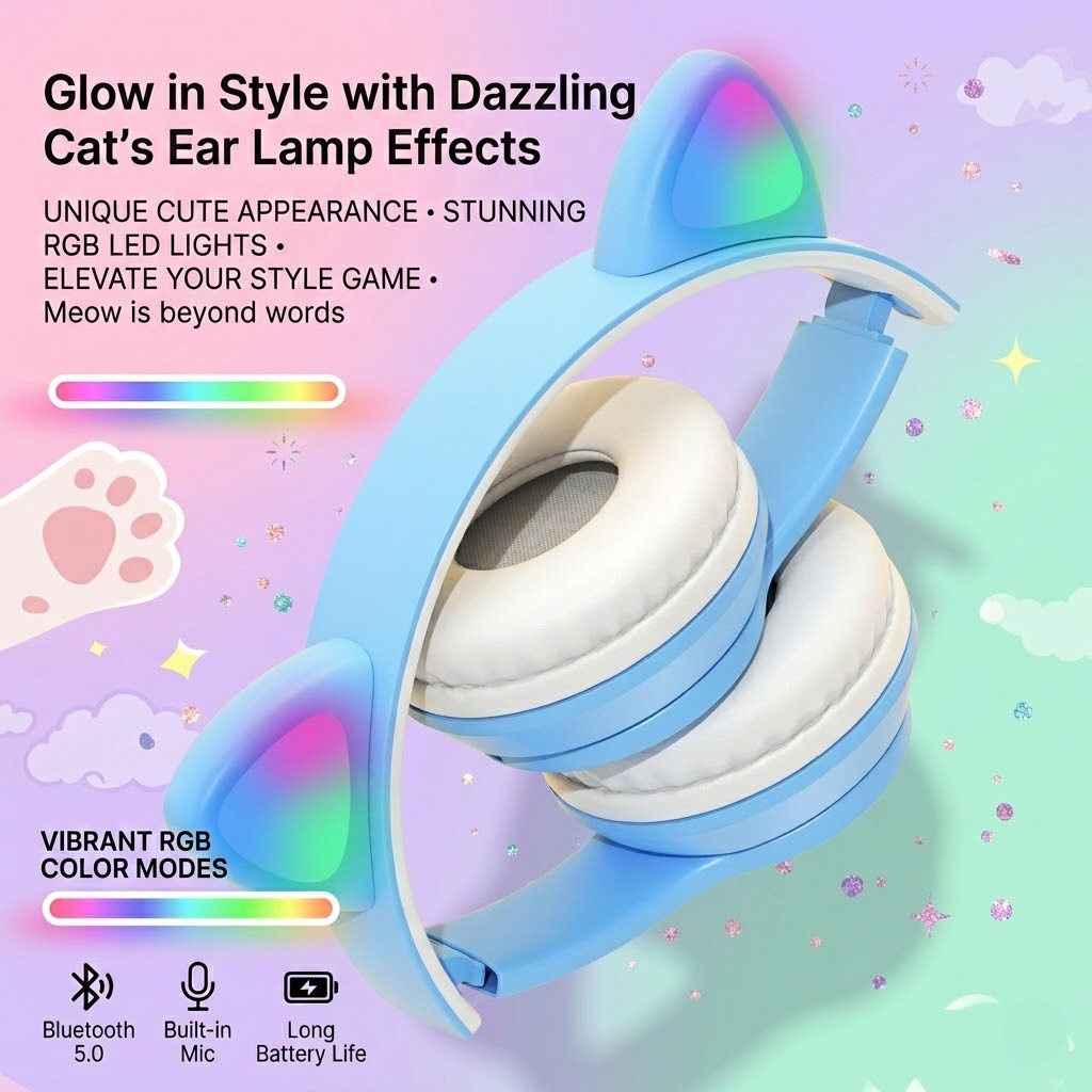 P47M Wireless Cat Ear Bluetooth Headphones with RGB LED Lights, 3.5mm AUX Jack, TF Card Slot