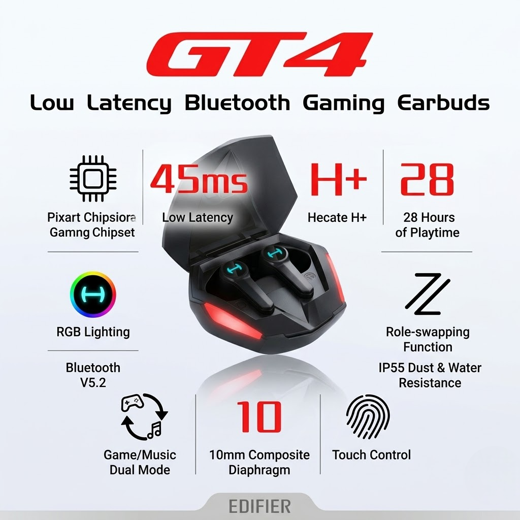 EDIFIER Hecate GT4 Bluetooth Gaming Earbuds with 28H Playback Time