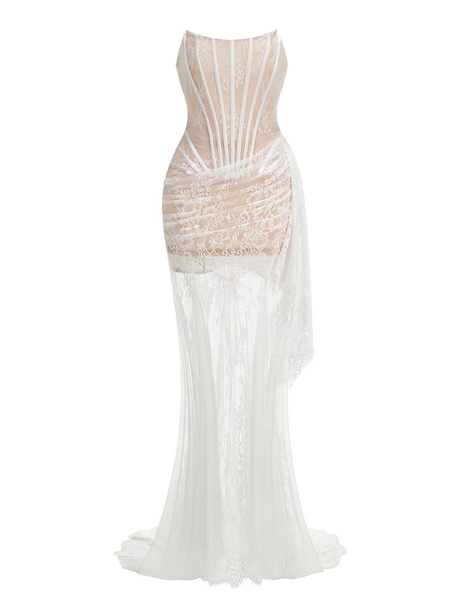 Strapless Lace Corset Bridal Gown with Sheer Skirt & Train