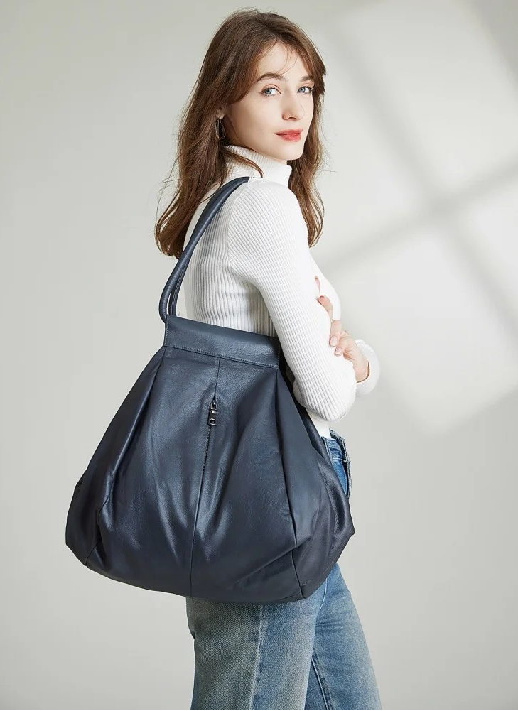 Genuine Cowhide Leather Slouchy Shoulder Bag