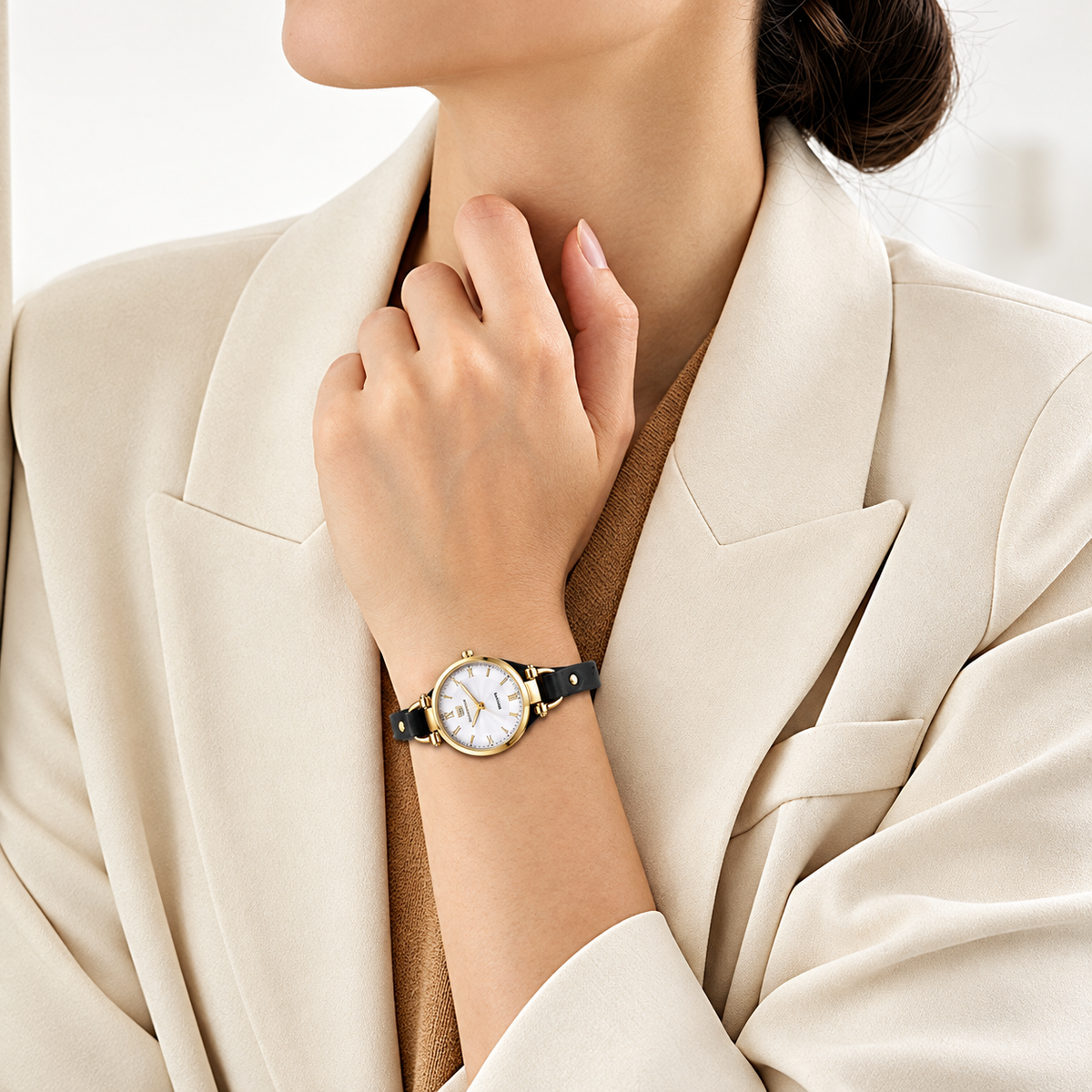 RINNADY Women's Quartz Watch – White Dial, Leather Strap