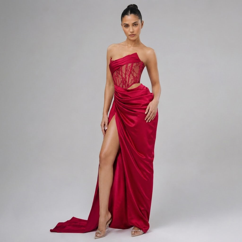 Lace Corset Draped Floor-Length Gown
