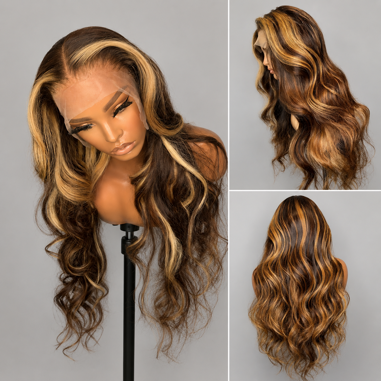 100% Human Hair Body Wave 13x6 Lace Front Wig with Honey Blonde Highlights – 28inch/71 cm