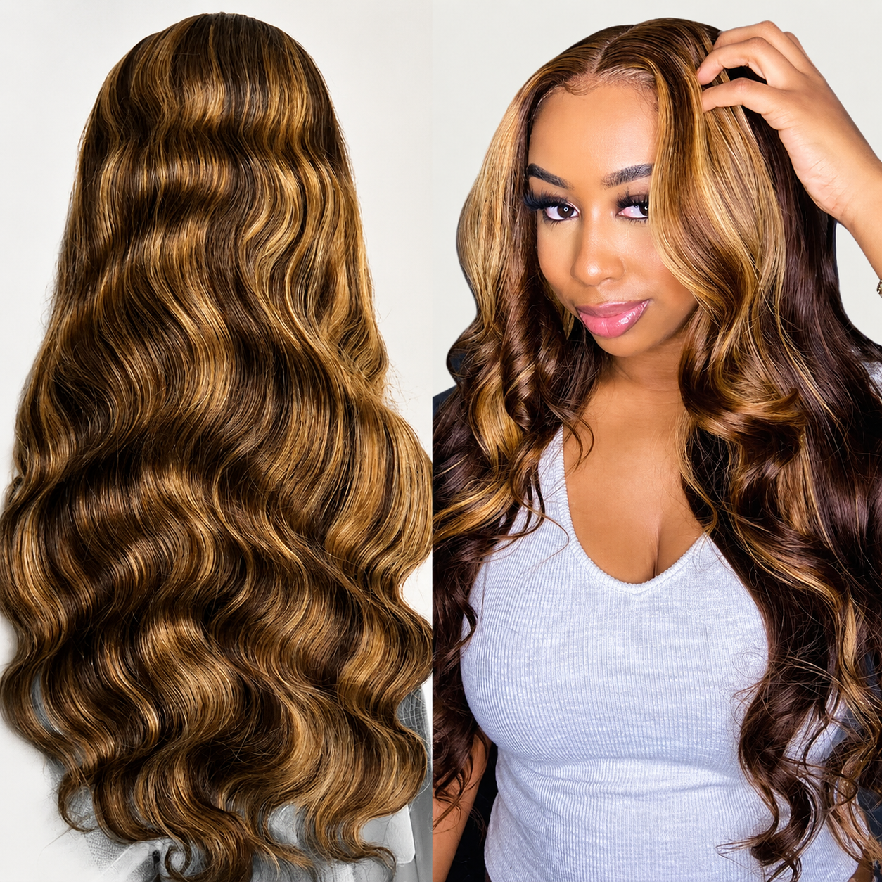 100% Human Hair Body Wave 13x6 Lace Front Wig with Honey Blonde Highlights – 28inch/71 cm