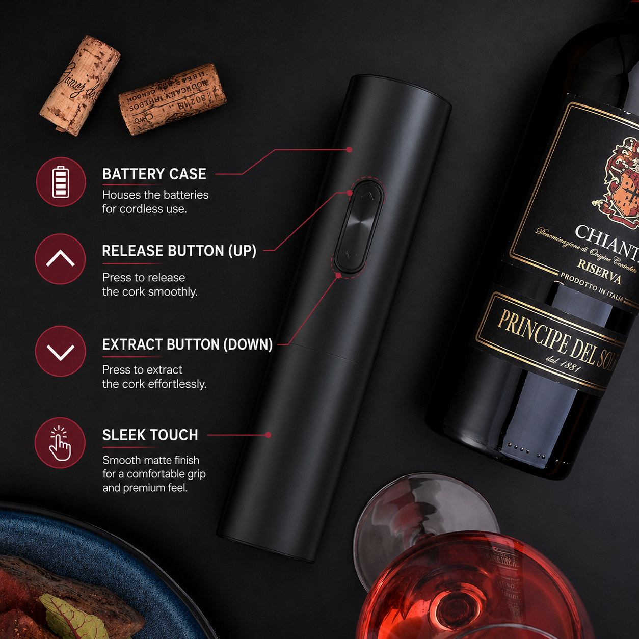 5-in-1 Electric Wine Set with Opener, Pourer, Vacuum Stopper, Foil Cutter and Storage Base